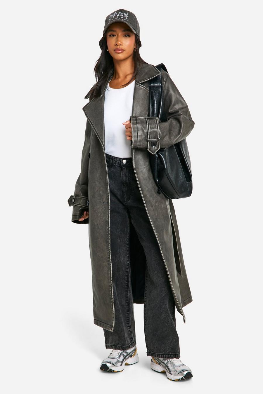 Petite Vintage Look Faux Leather Trench Coat | boohoo Petite Vintage Look Faux Leather Trench Coat | boohoo